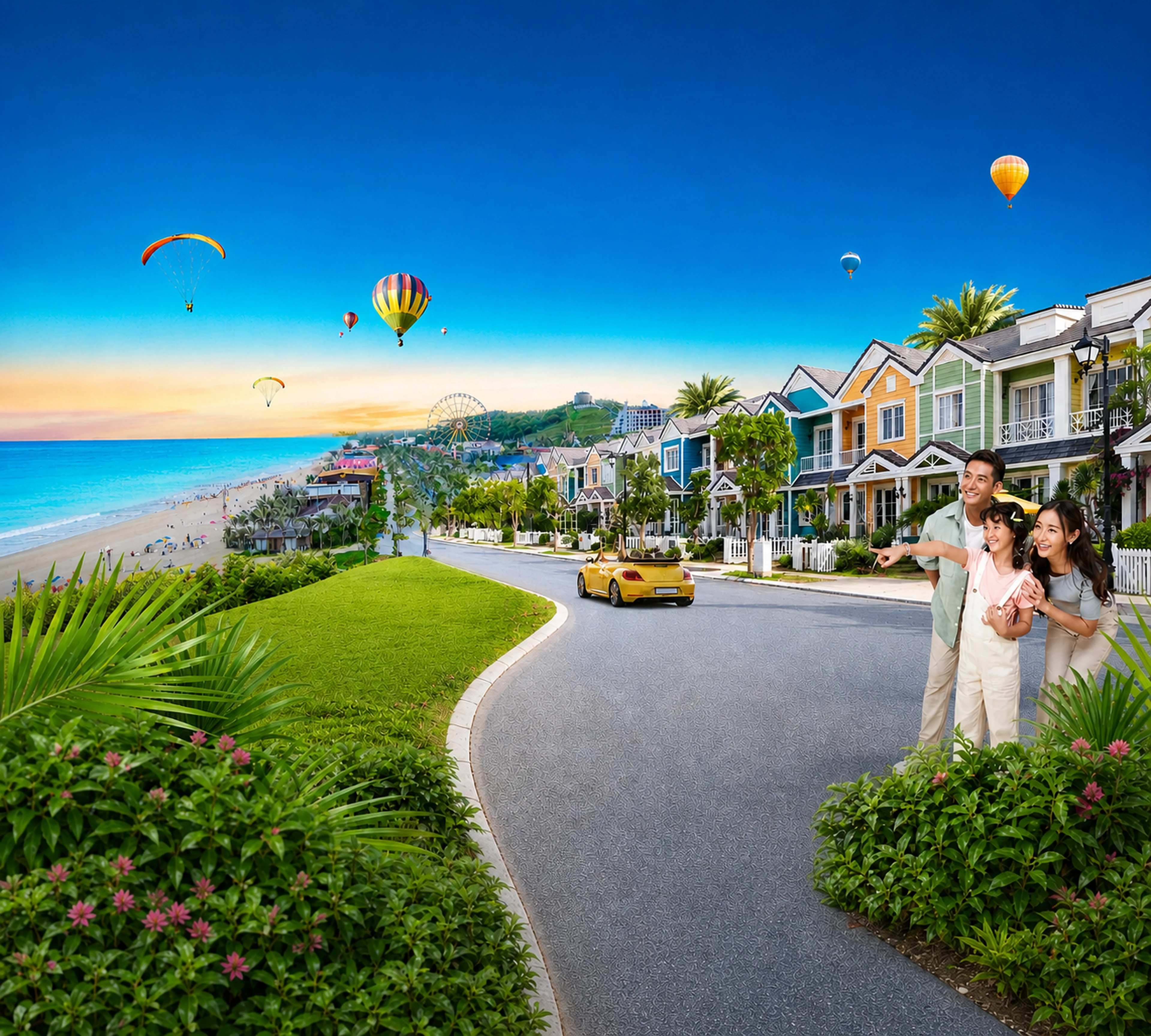 NovaWorld Phan Thiet với biển xanh, dãy nhà sắc màu và không gian vui chơi