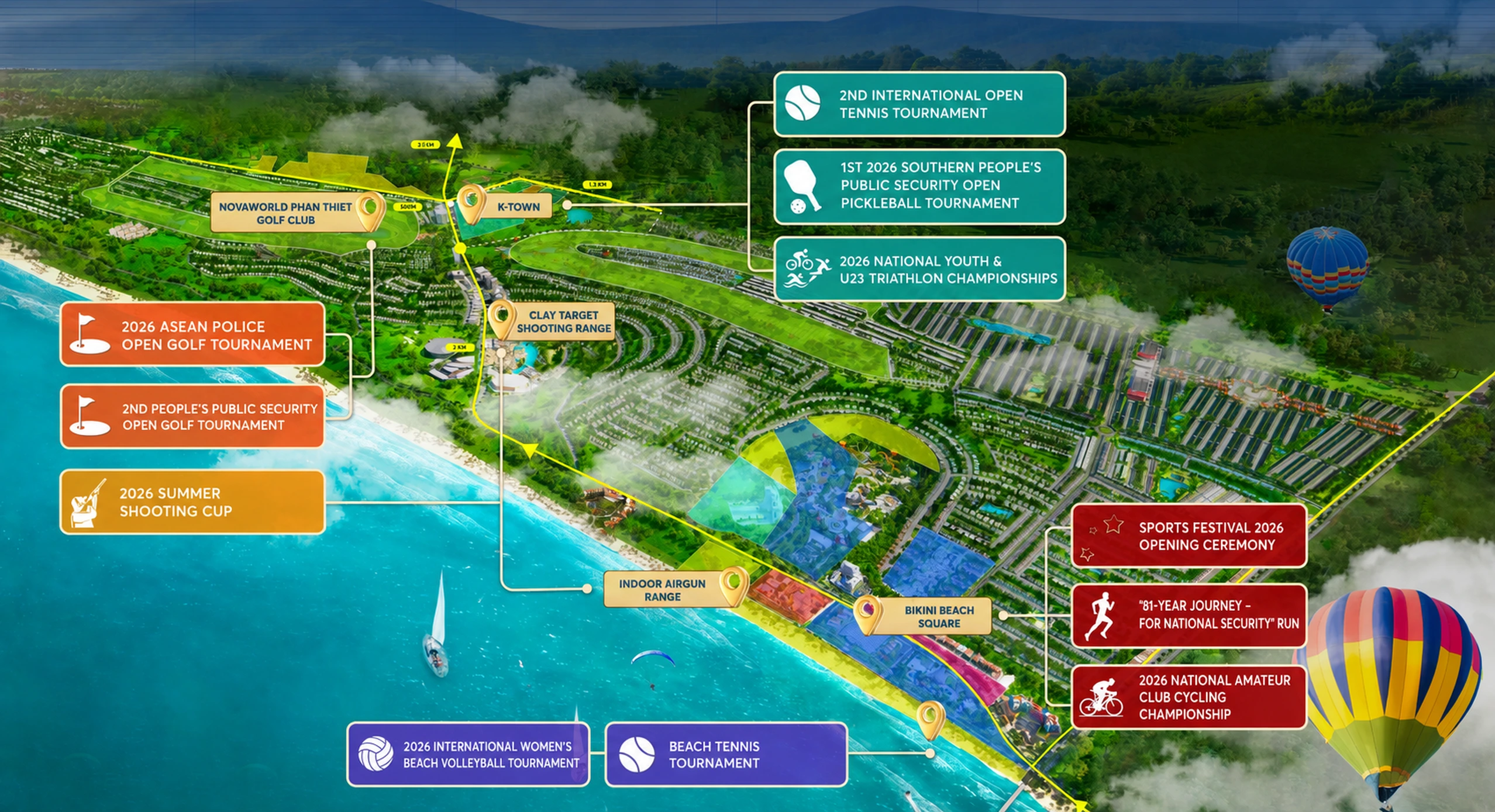 Venue map for 11 Sports Festival 2026 tournaments at NovaWorld Phan Thiet