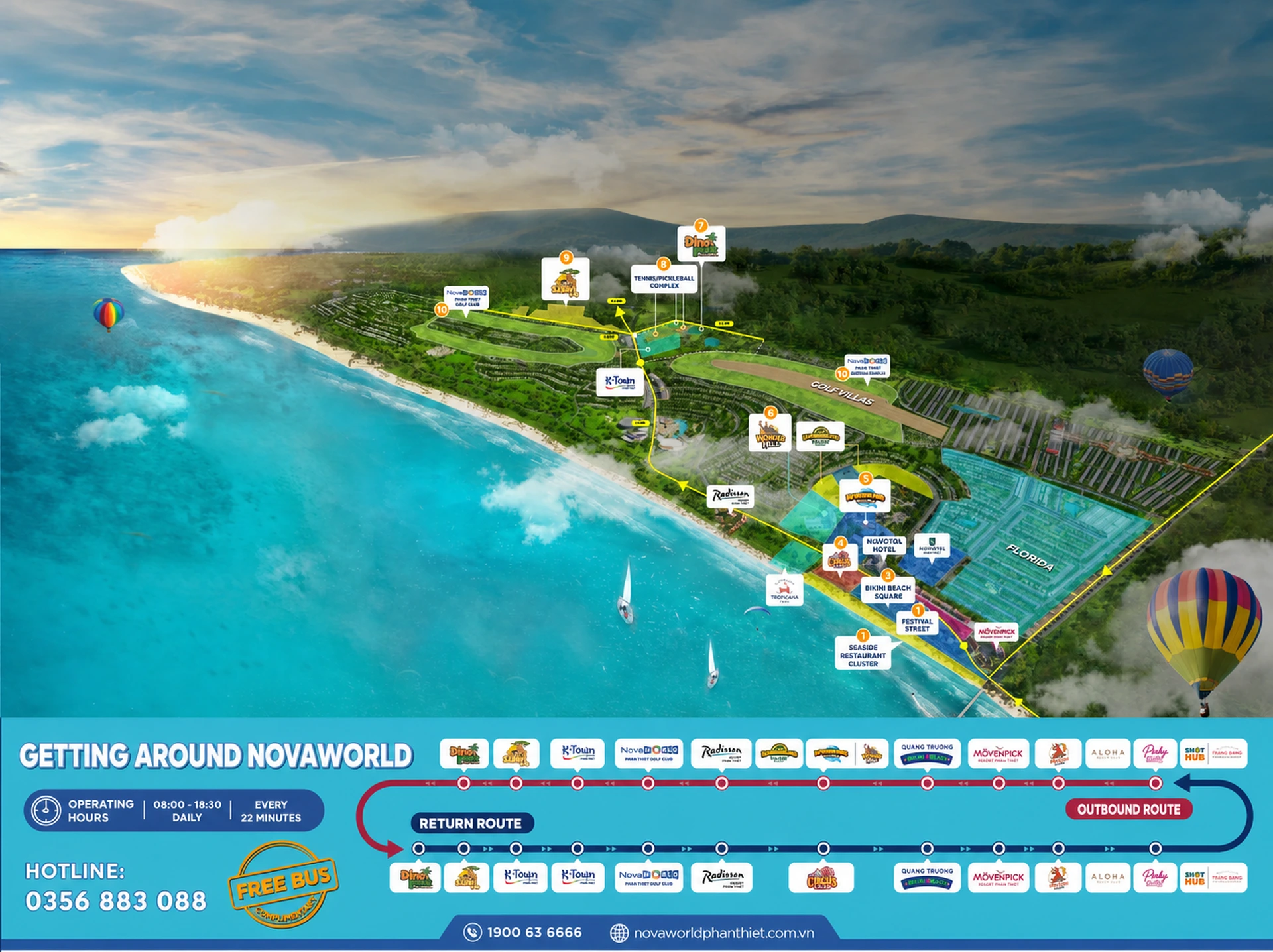 NovaWorld Phan Thiet amenities map with FreeBus timetable and hotline details