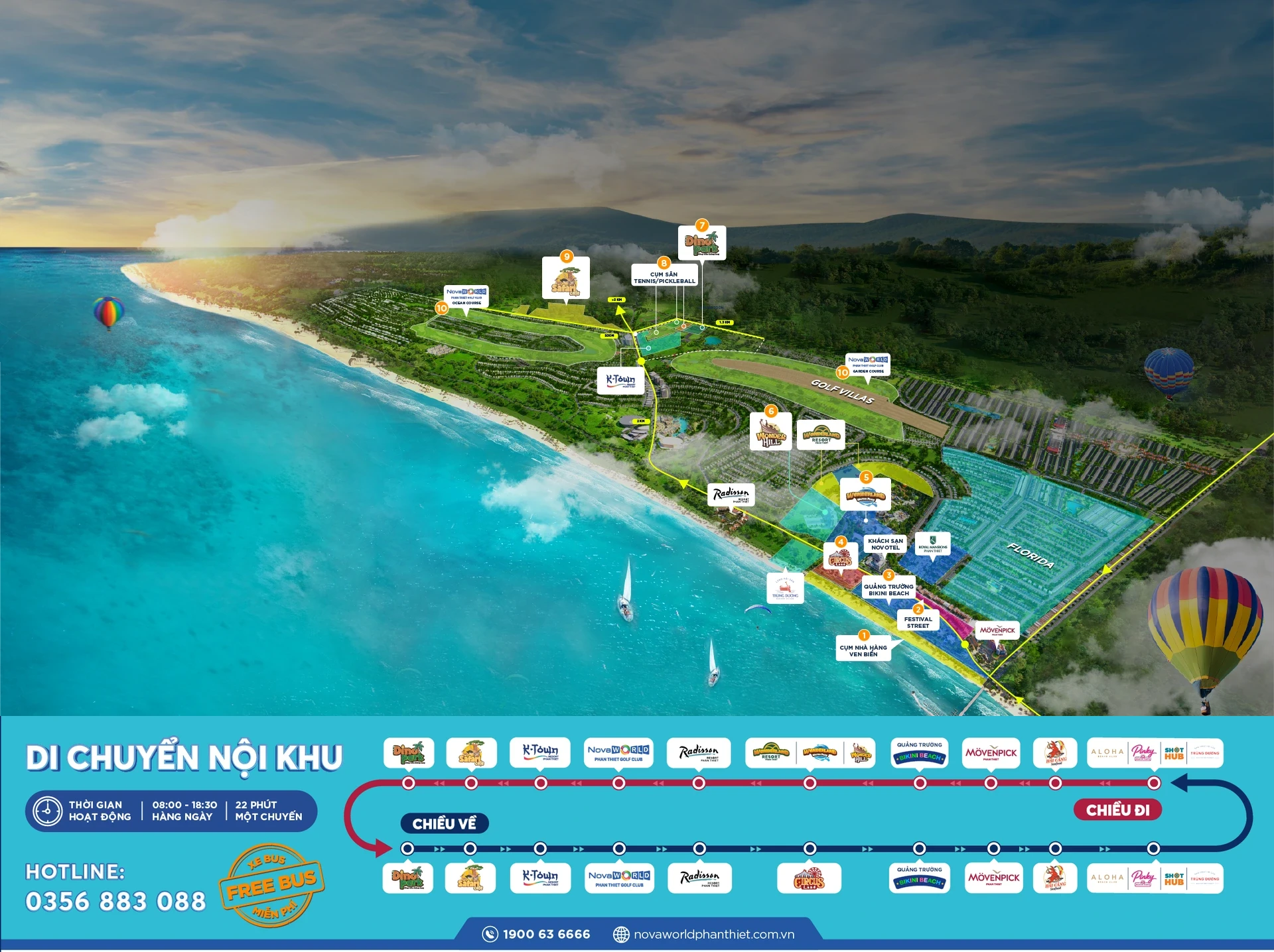 Bản đồ tiện ích NovaWorld Phan Thiết nối liền lịch trình FreeBus có đầy đủ hotline